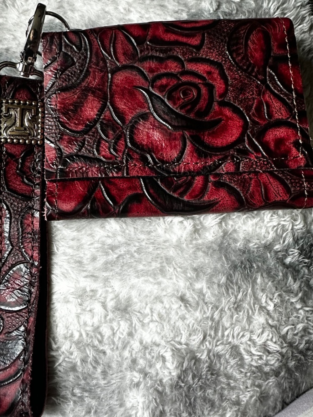 T Bar Embossed Red Floral Leather Wristlet Wallet NWT